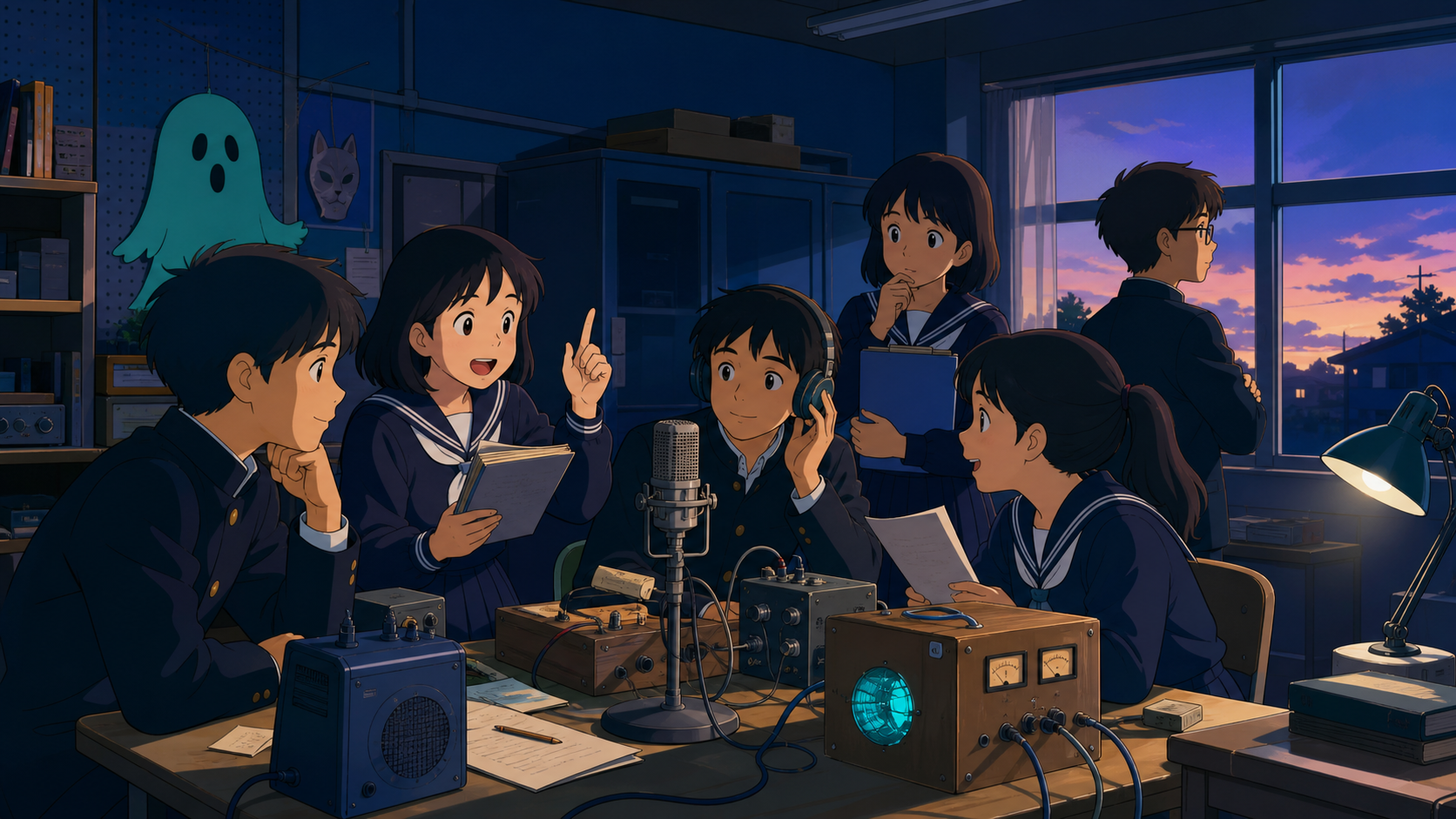 The school radio club recording local ghost stories before sunset, as a failed plan turns into a better group idea. Room-wide ensemble composition organized around the club activity. Ultramarine, bioluminescent turquoise