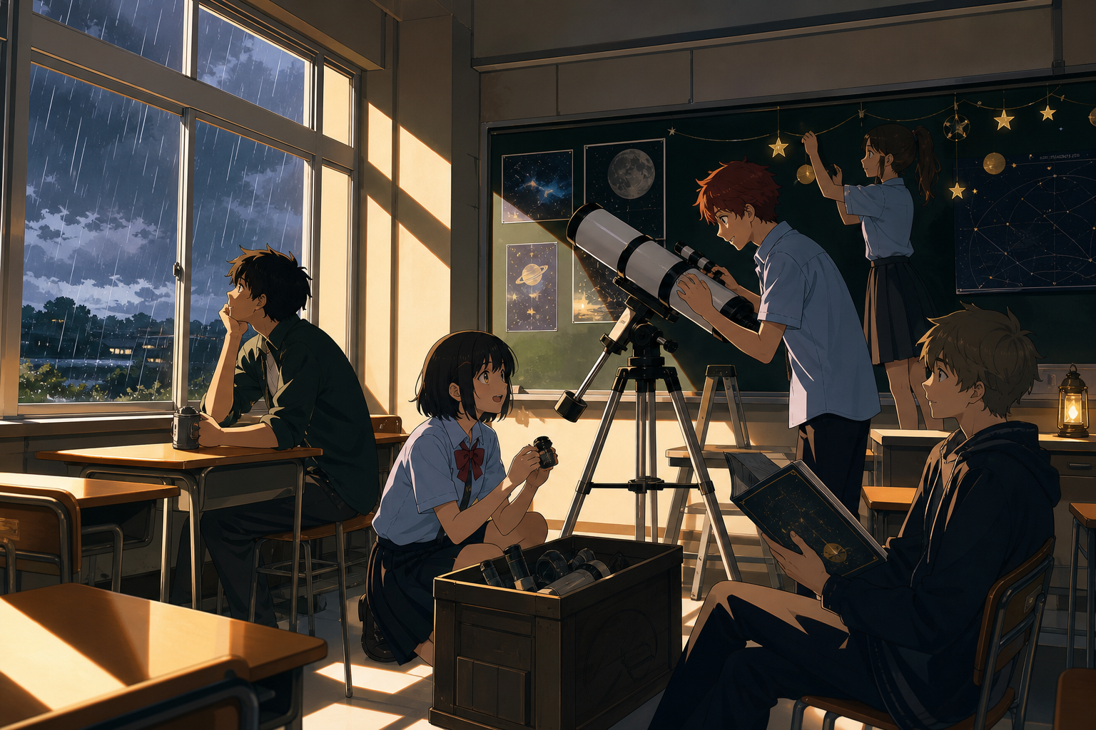 Teenagers turning an unused classroom into a tiny astronomy club, during a sudden summer shower that changes everyone's plans. Sunlit classroom composition with desks creating calm geometric rhythm. Pine black, snow blue