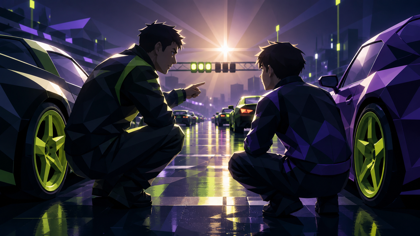 A veteran racer teaching a rookie how to read a rain-soaked road, in the tense minute before engines start and friendships pause. Starting-grid composition centered on driver emotion and machine shape. Acid lime, ultravi