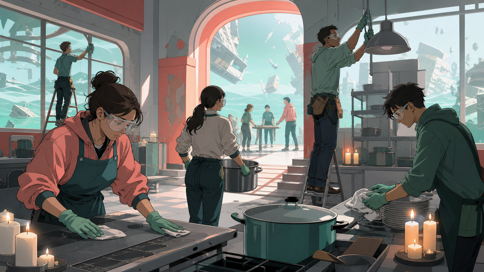 Adult volunteers reopening a community kitchen after the city briefly lost gravity, during the steady practical work after the immediate danger has passed. Wide operational scene with a clear route from danger toward saf