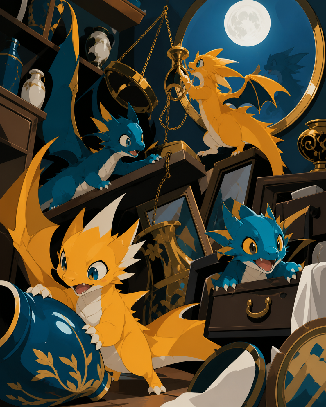 Newly hatched pocket dragons turning a quiet antique shop upside down, caught immediately before their elaborate plan obviously fails. Ensemble comedy tableau with several connected visual jokes. Saffron, peacock blue, d