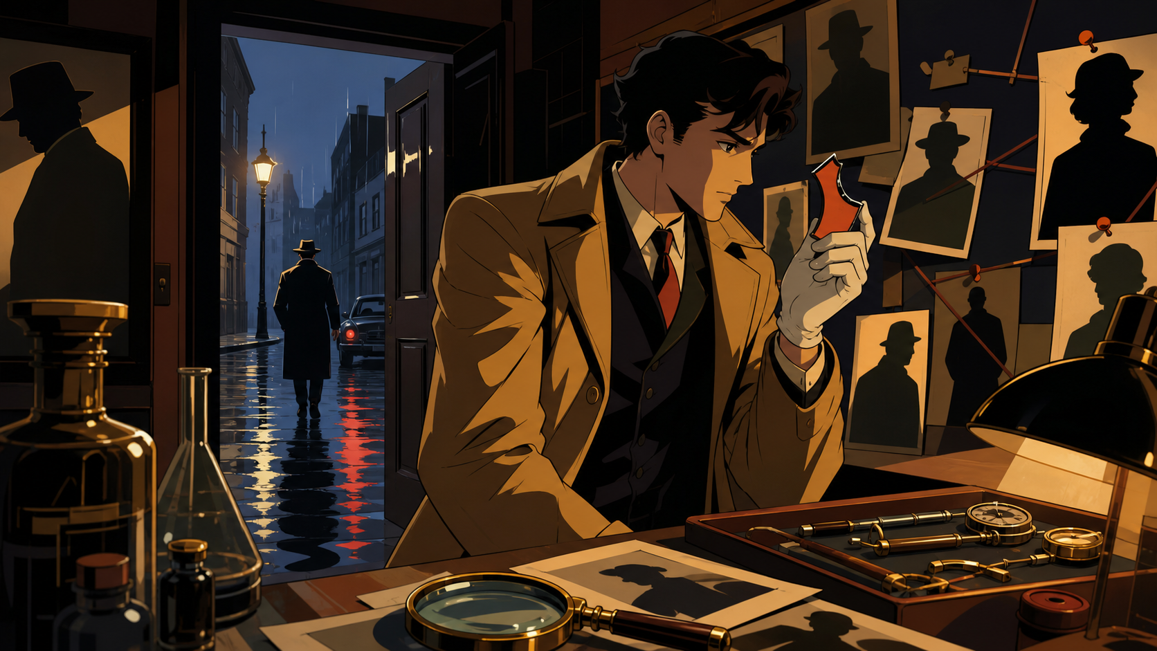 A forensic magician cataloging shadows that belong to missing people, at the turning point where one overlooked object solves half the mystery. Cinematic noir frame using doorways and reflected figures to layer the myste