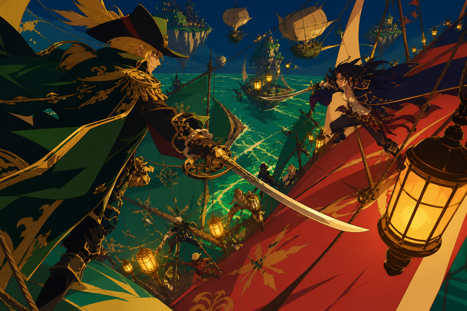 Two captains dueling across the sails of a sinking treasure ship, as crews improvise across vessels, ropes, sails, and moving water. High sail-level duel with the battle visible far below. Emerald, stained-glass ruby, la