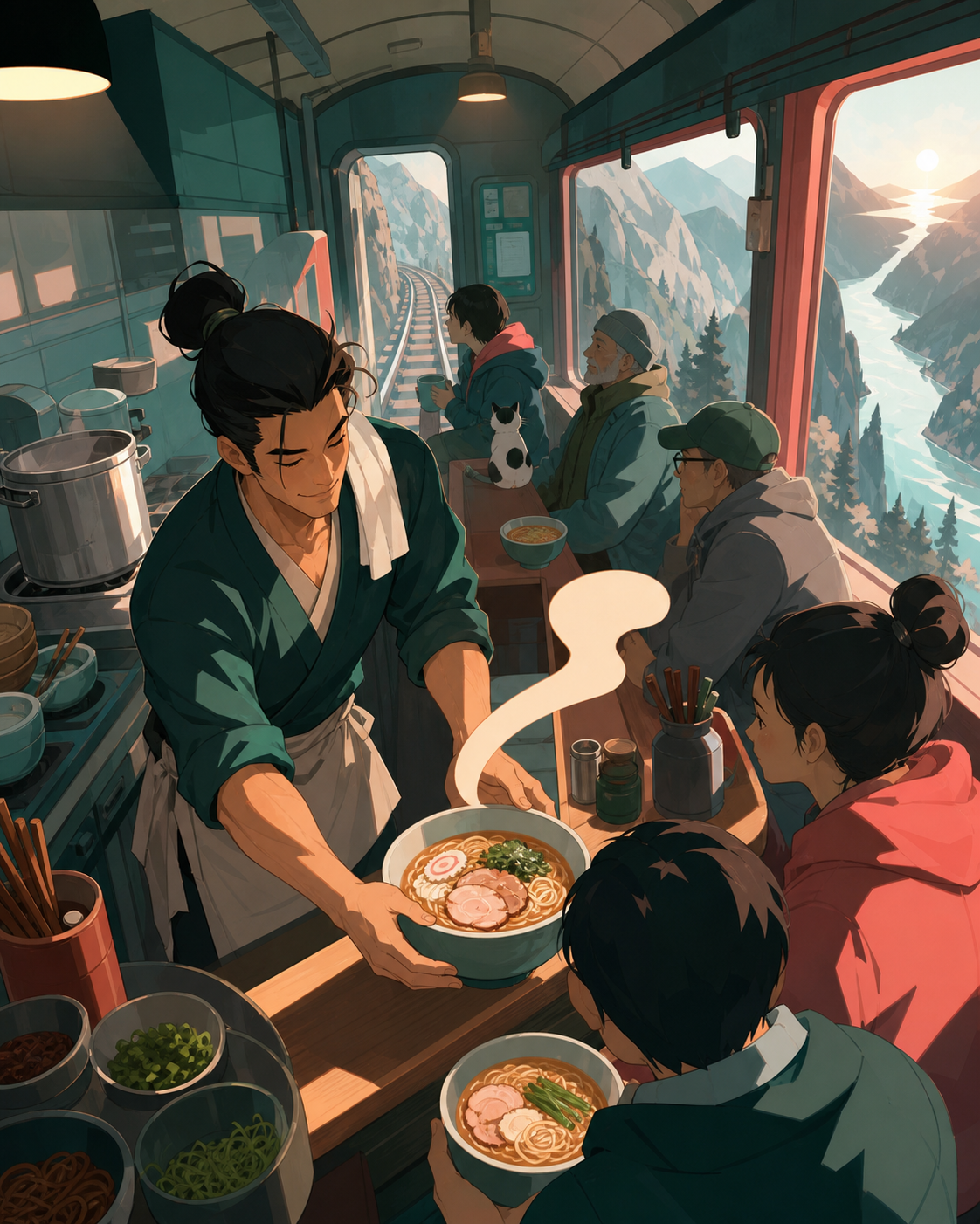 An adult noodle chef serving commuters aboard a narrow mountain railway, during the brief calm immediately before hungry customers arrive. Overhead-leaning composition organized by hands, bowls, and serving rhythm. Sea-g