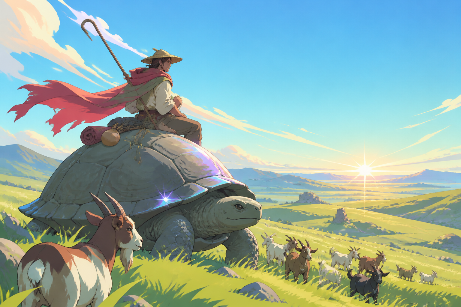 A goat herder crossing high grasslands on the back of a patient stone turtle, at the start of a long day in a sparsely populated landscape. Wide pastoral scene with work activity guiding the eye across the land. Soft pis