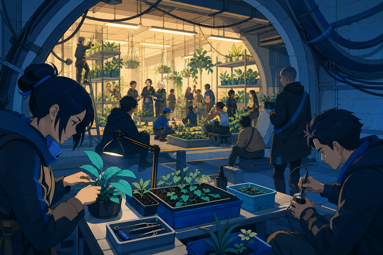 Community organizers turning a utility chamber into a public greenhouse, at the lively peak of an unofficial weekend gathering. Intimate workstation view with the larger gathering visible beyond. Ultramarine, bioluminesc