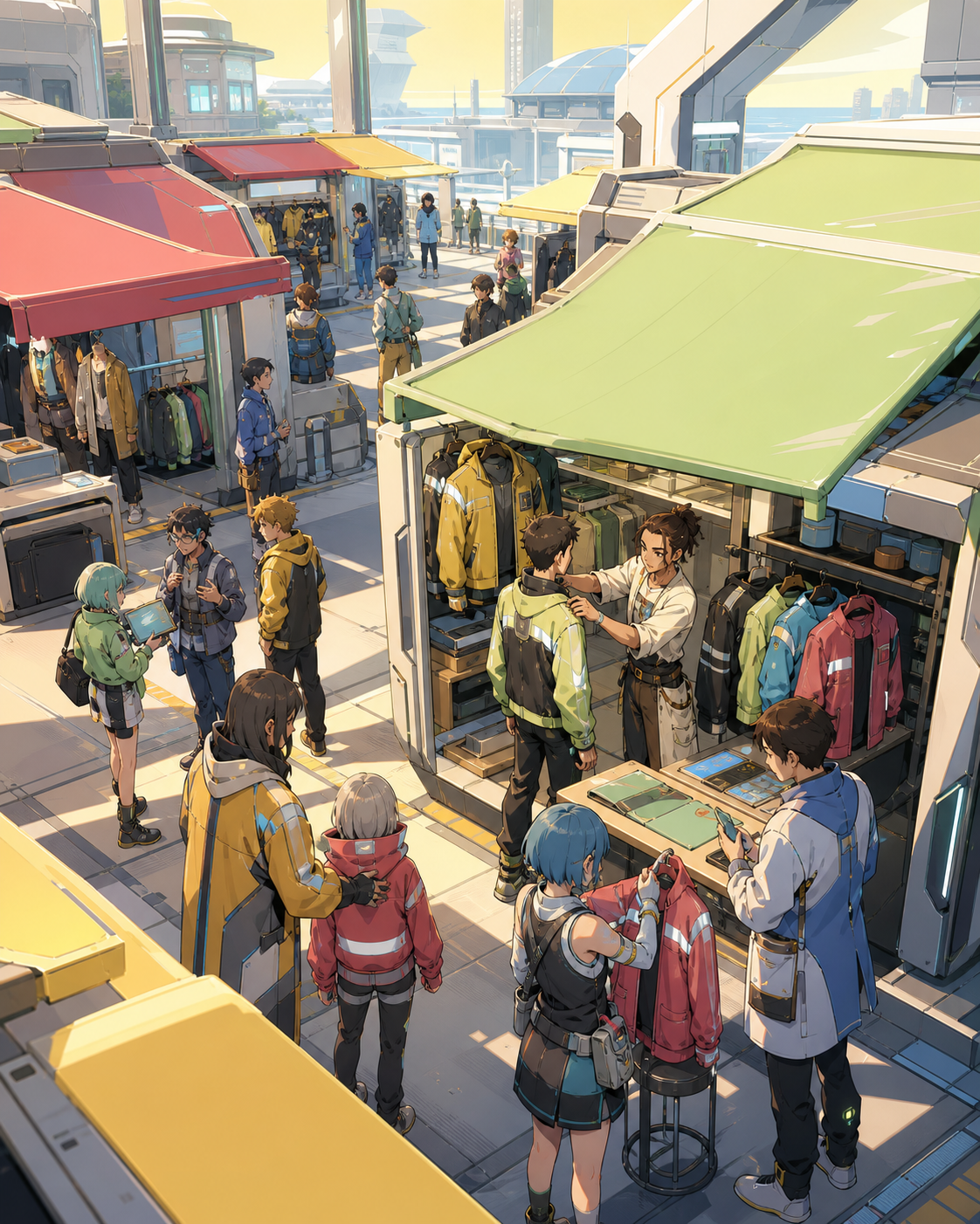 A tailor fitting reactive jackets in a narrow open-air booth, at the busiest hour with many distinct but readable transactions. Elevated composition revealing intersecting paths and stall clusters. Soft pistachio, butter