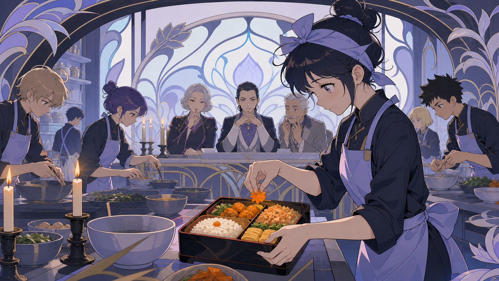 Teen culinary students racing to complete regional lunch boxes, as one simple family recipe surprises the formal judges. Kitchen-wide competition frame showing both process and reactions. Pale lavender, icy blue, graphit