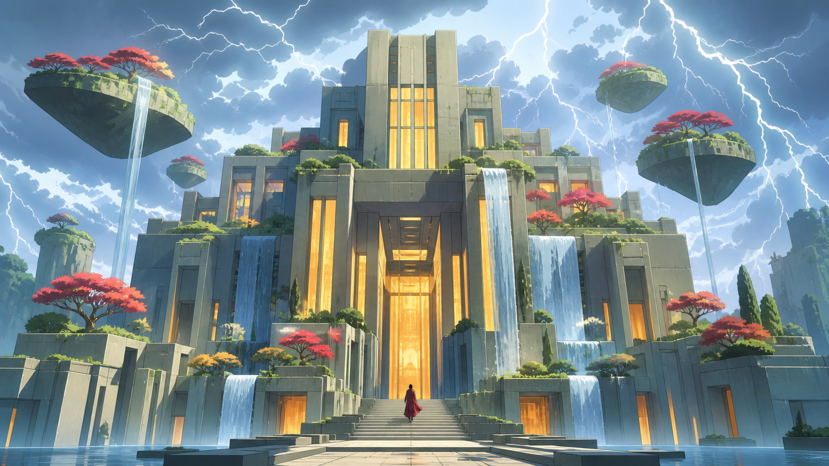 A brutalist monastery softened by waterfalls and floating gardens, during a storm that illuminates every interior room at once. Architectural hero view with controlled symmetry and deep spatial layers. Soft pistachio, bu