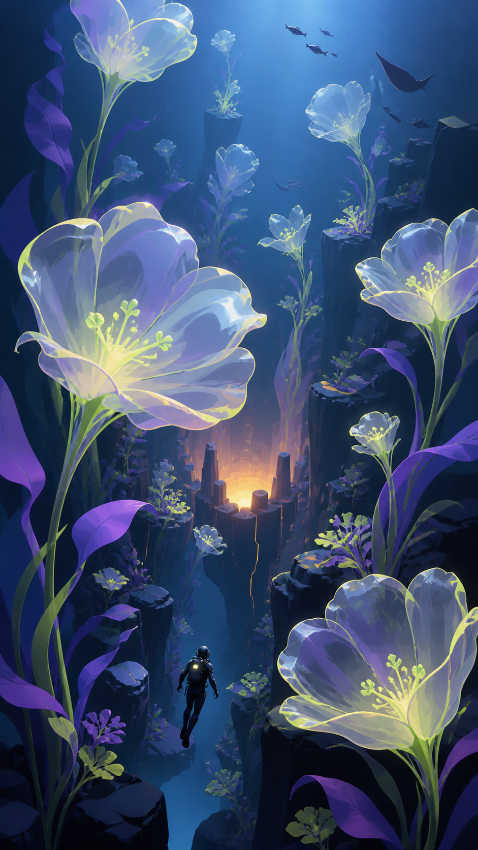 A garden of enormous translucent flowers growing around a warm volcanic vent, seen in peaceful stillness after an ancient mechanism restarts. Vertical descent composition with a tiny explorer providing scale. Acid lime, 
