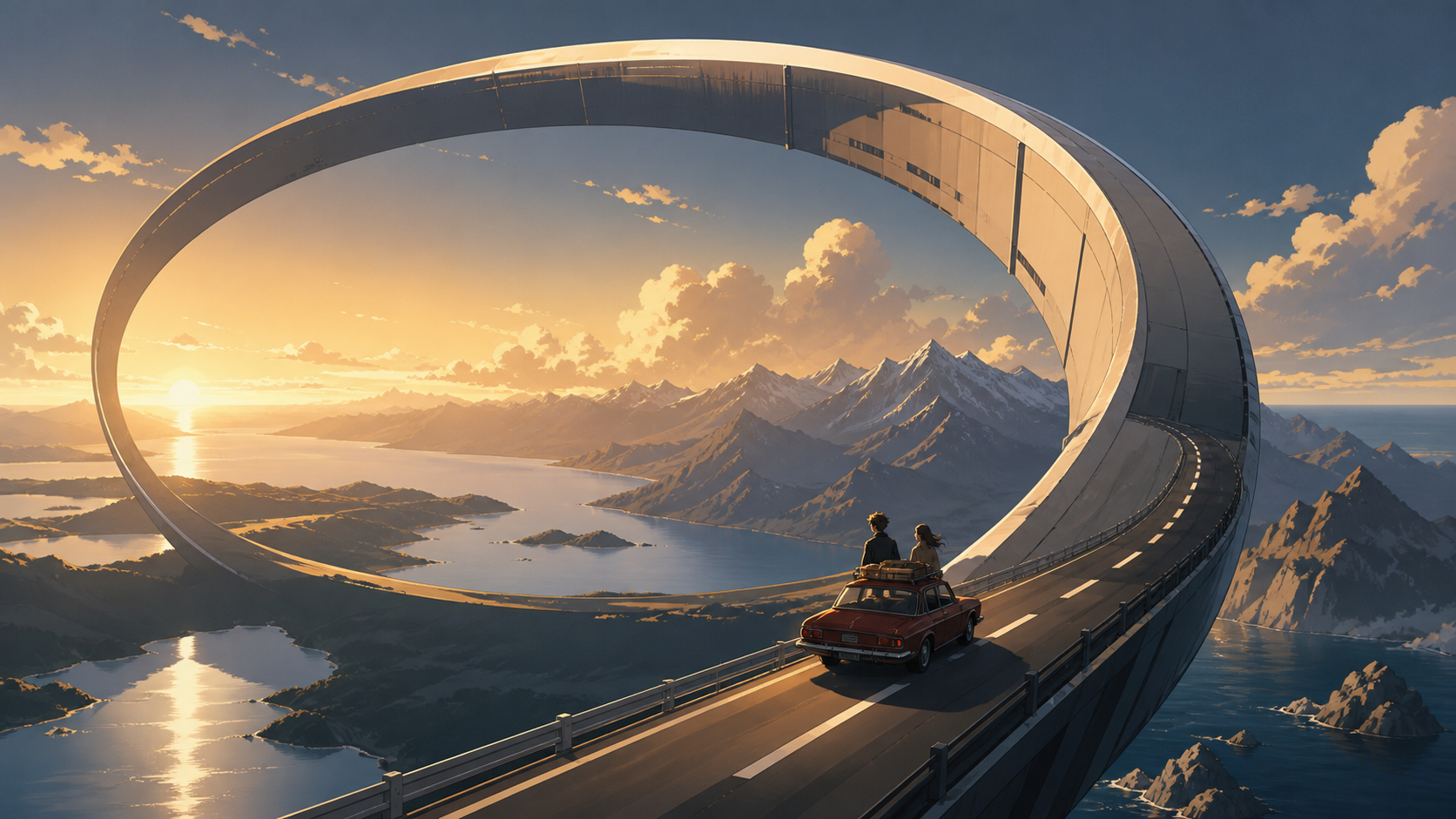 A road trip continuing across the inside and outside of a giant ring, during a calm human moment that grounds the surreal structure. High viewpoint revealing how the entire world connects impossibly. Pine black, snow blu