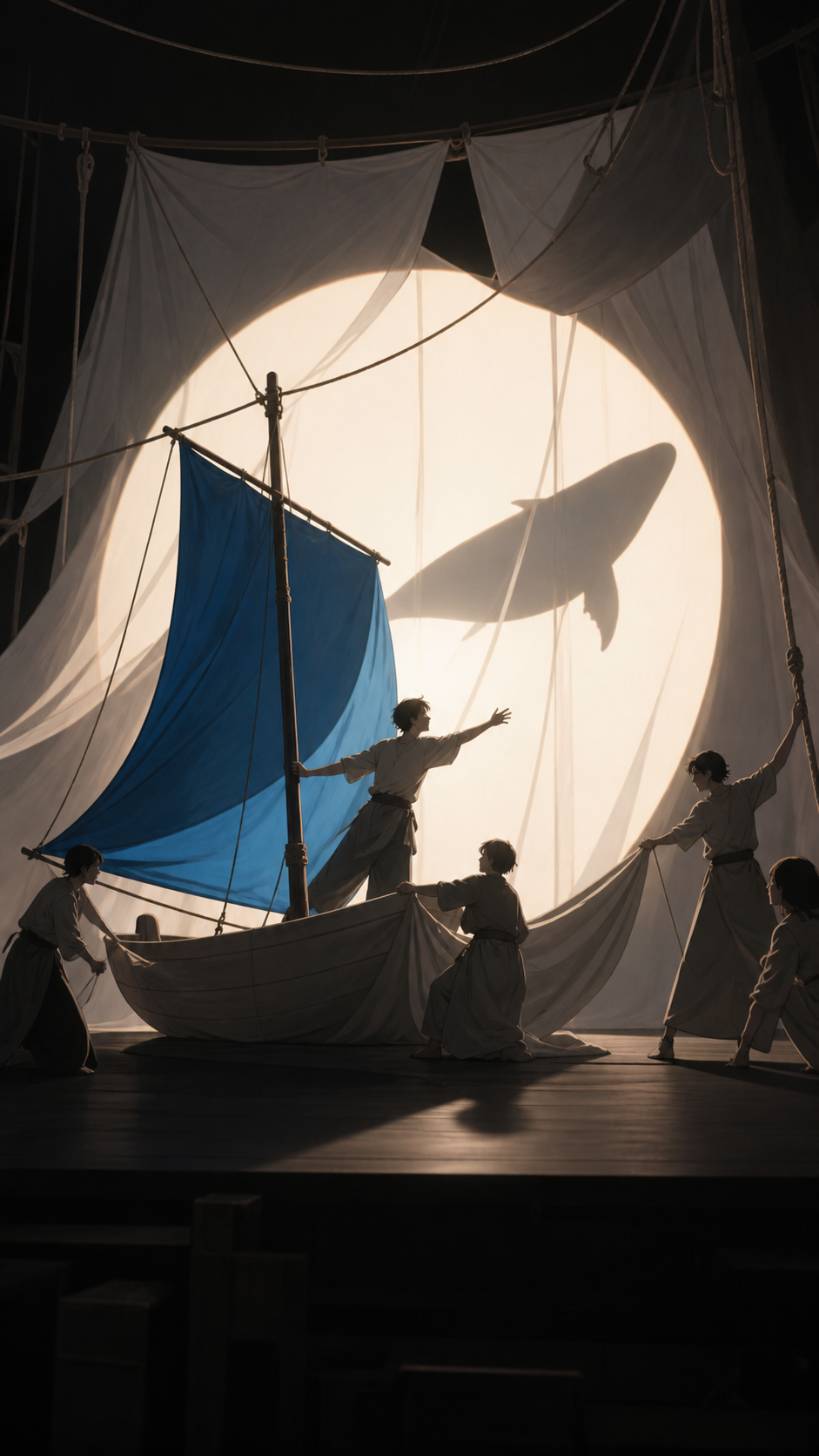 A small theater company staging an epic voyage using only fabric and practical lights, captured at a precise expressive beat rather than the loudest moment. Stage-wide composition using negative space to emphasize moveme
