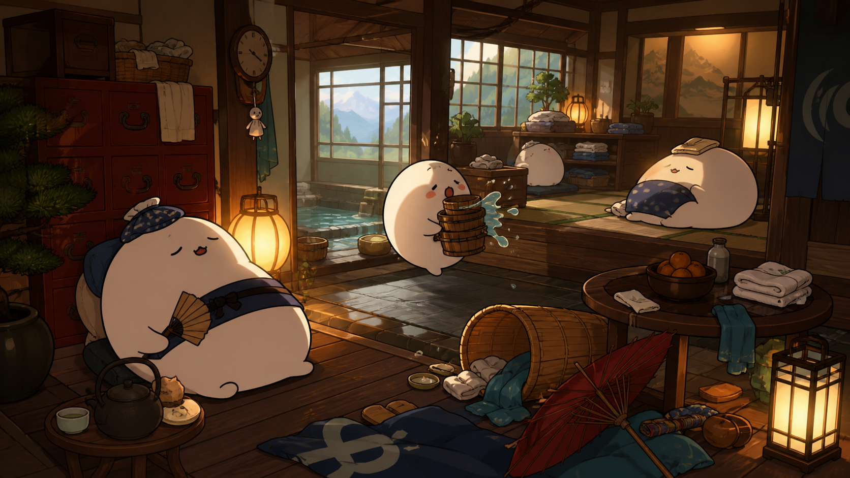 A sleepy mountain bathhouse managed by polite round spirits, during a quiet afternoon nap interrupted by one small mishap. Inviting room-wide composition with several discoverable details. Pine black, snow blue, cedar re