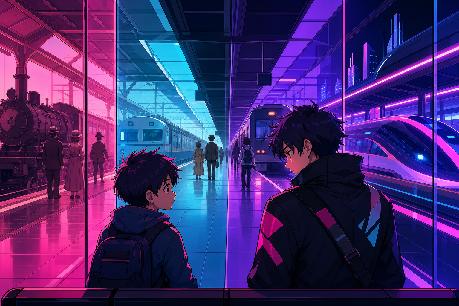 The same train platform shown across four decades in one continuous view, with the time difference communicated through clothing and environment. Intimate two-shot contrasting the same person at different ages. Saturated