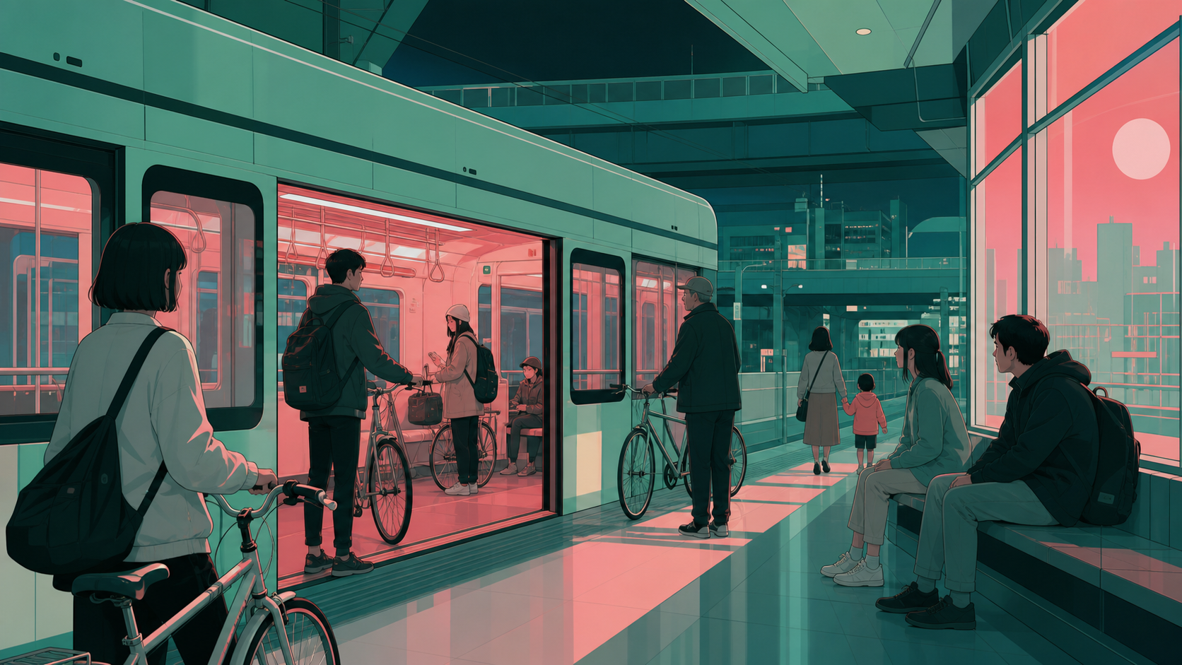 A bicycle train connecting small neighborhoods after dark, during a brief stop that brings unrelated passengers together. Wide station frame showing vehicle, platform, and multiple passenger stories. Celadon, coral pink,
