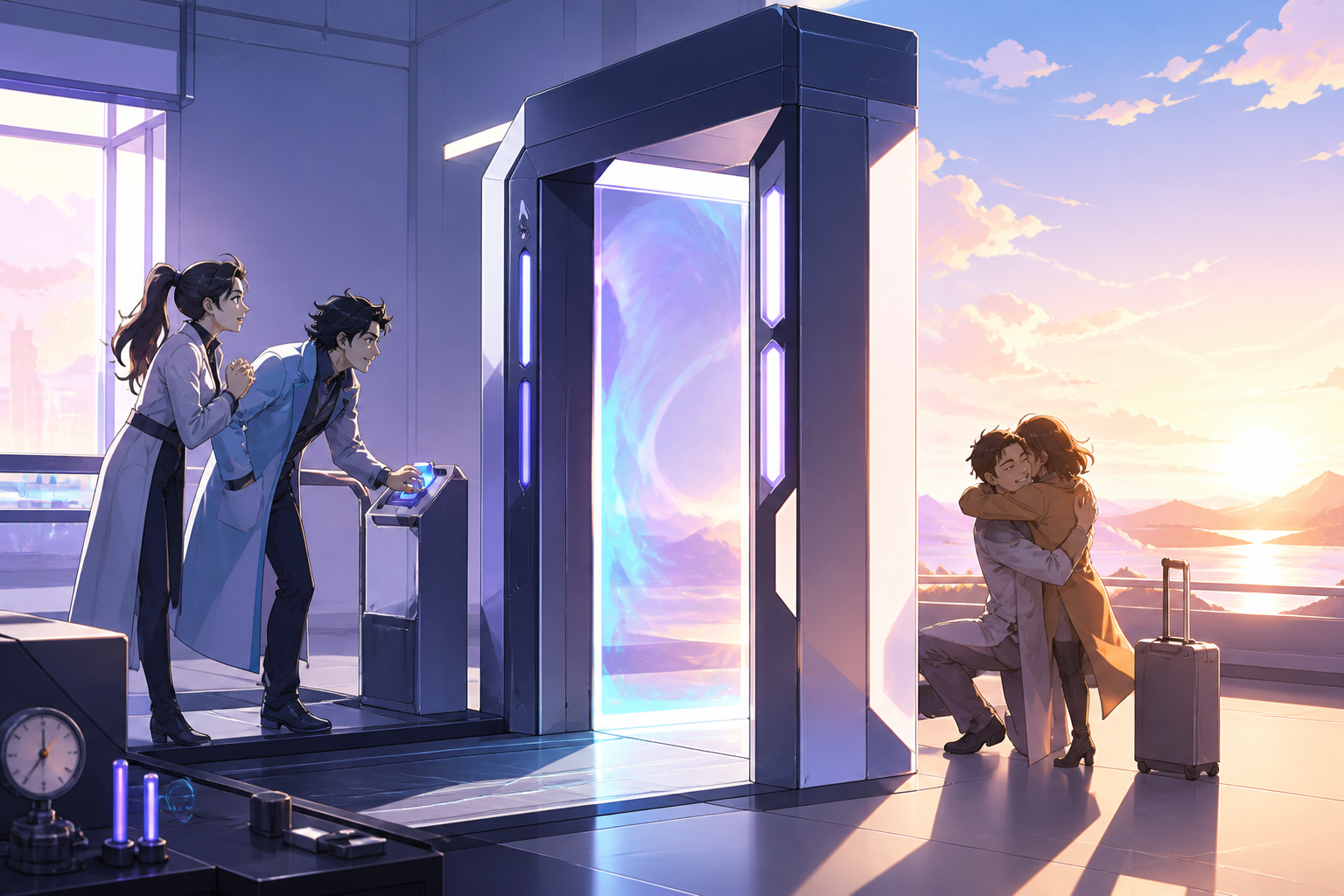 Two engineers testing a doorway that shortens inconvenient distances, when a prototype succeeds in a gentler way than intended. Side-on testing composition showing input, machine, and outcome clearly. Pale lavender, icy 