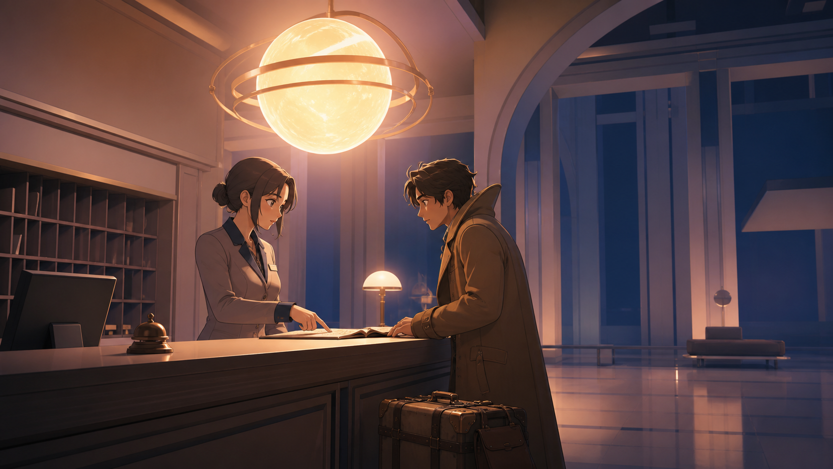 A hotel desk clerk helping a traveler who arrived several decades early, centered on an ordinary task made memorable by the unusual setting. Intimate counter-side composition surrounded by empty architecture. Sun-bleache