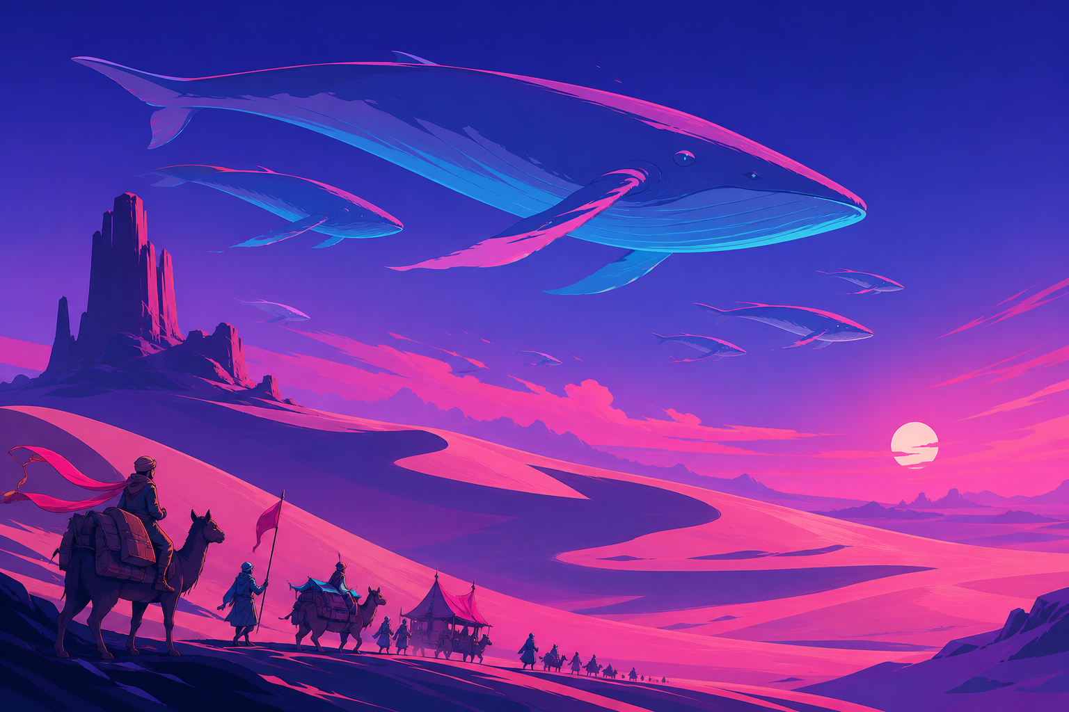 A caravan following the migrating shadows of enormous sky whales, with tiny travelers and camp details emphasizing the monumental landscape. Extreme wide landscape with a small but readable journey crossing it. Saturated