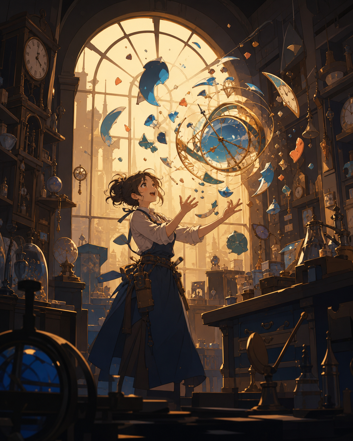 A clock repair shop specializing in broken moments rather than machines, at the moment one experiment produces an unexpectedly beautiful result. Room-wide workshop view organized around a strong central craft action. Amb
