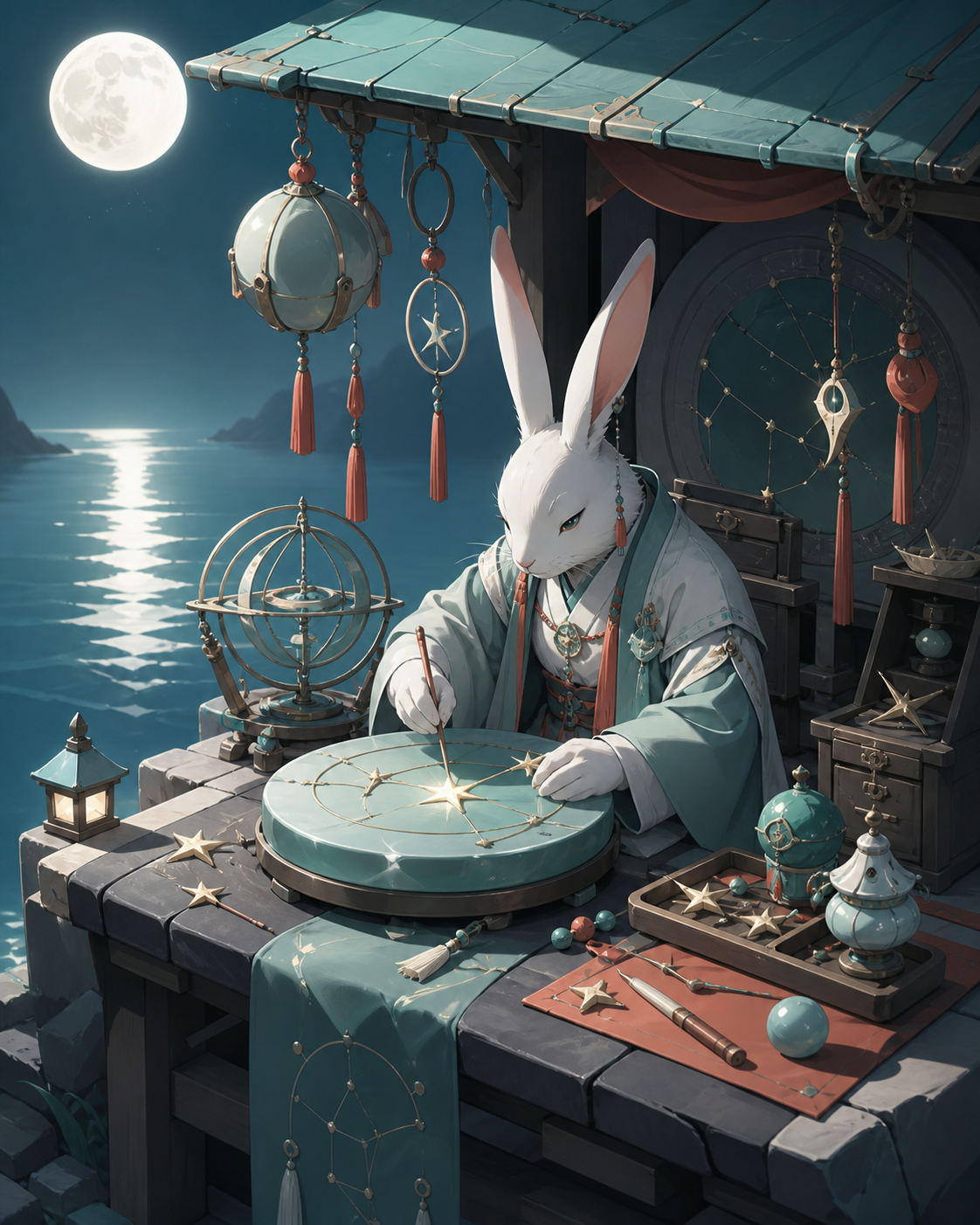 A moon rabbit operating a roadside repair shop for broken constellations, performing a small ritual whose meaning is revealed through objects. Balanced ensemble composition with one strong focal action. Sea-glass green, 
