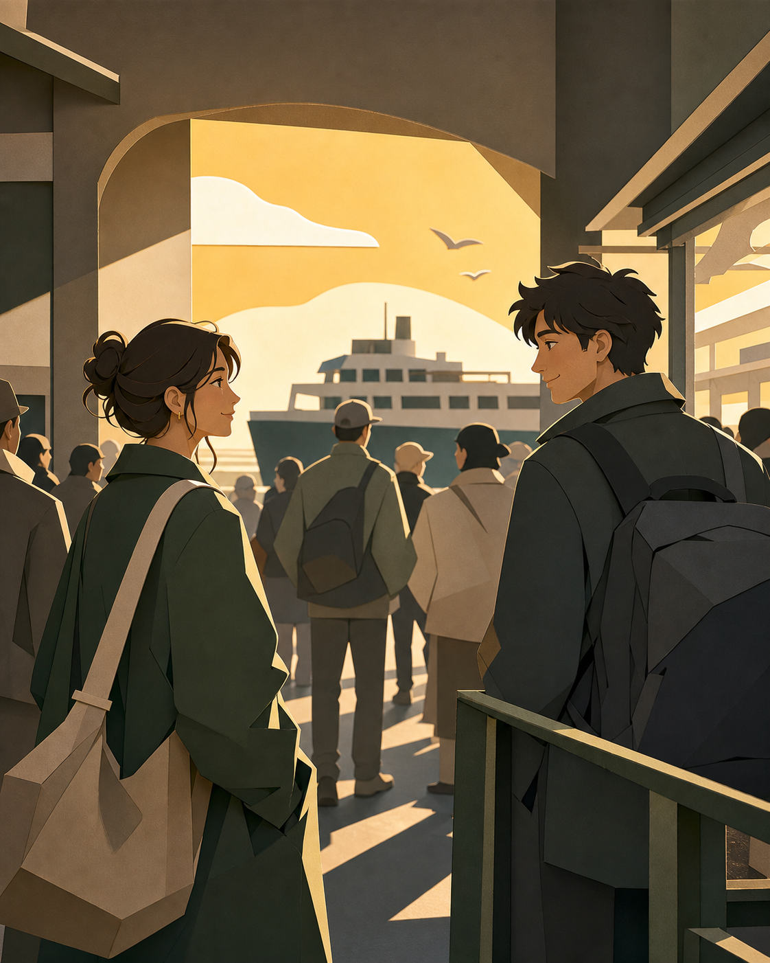 Two adult travelers recognizing one another across a crowded ferry terminal, captured through a small gesture rather than an exaggerated embrace. Cinematic two-person frame using architecture and negative space to expres