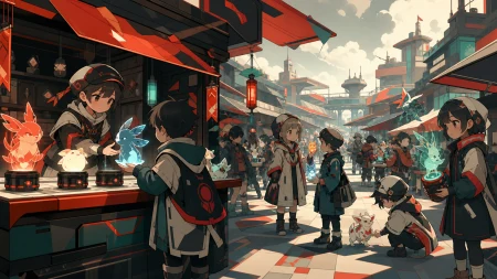Children trading collectible projections that become small creatures, at the busiest hour with many distinct but readable transactions. Market-lane view with a strong focal stall a