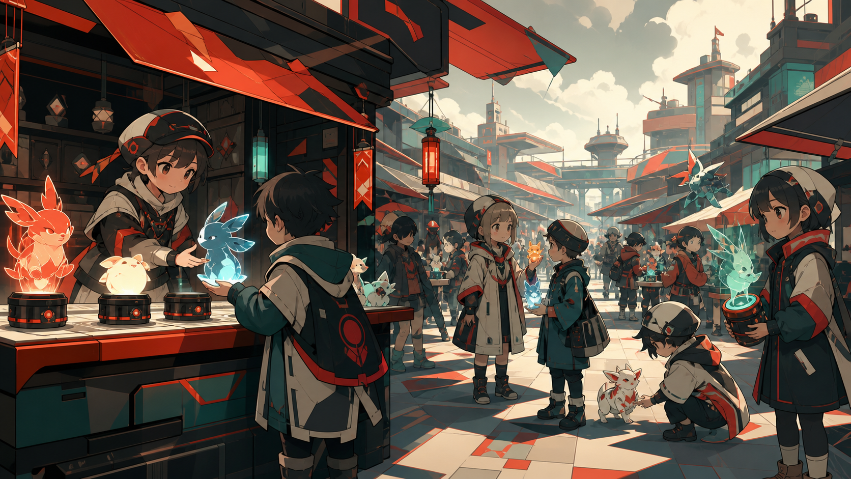 Children trading collectible projections that become small creatures, at the busiest hour with many distinct but readable transactions. Market-lane view with a strong focal stall and activity receding behind. Vermillion,