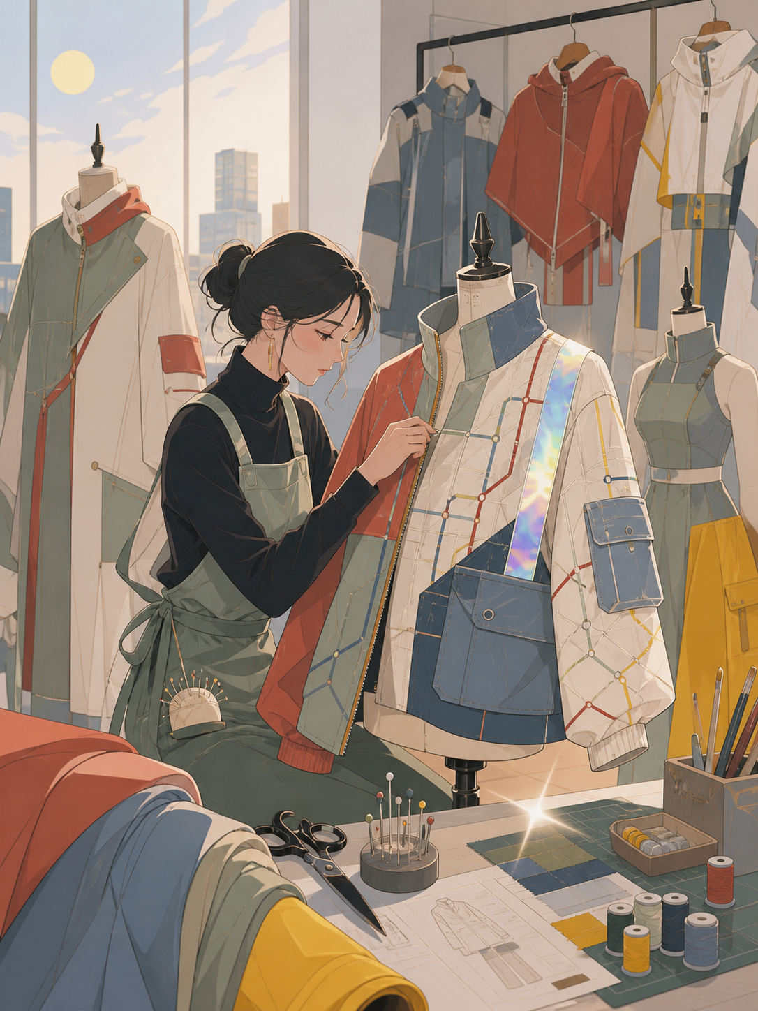 A streetwear seamstress constructing a jacket inspired by city transit maps, inside a clean studio where every garment has a distinct silhouette. Backstage ensemble scene organized around the central fitting. Clay red, s