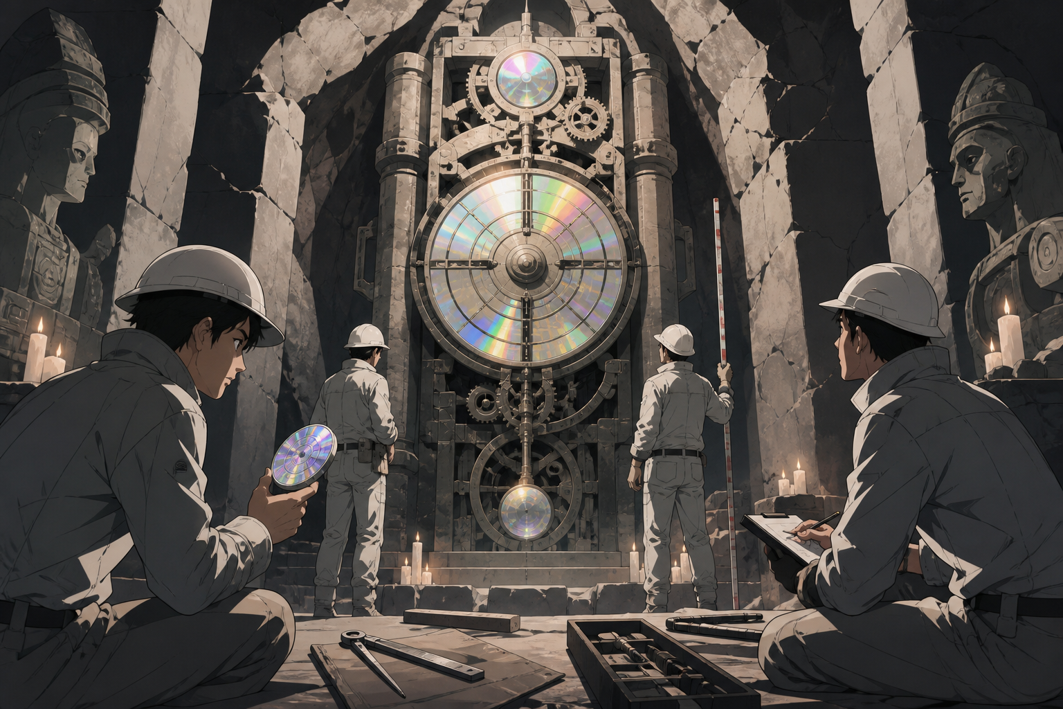 A mountain excavation revealing a ceremonial machine still keeping time, as a familiar artifact appears in an impossible historical context. Vertical chamber composition with people placed clearly for scale. Monochrome g