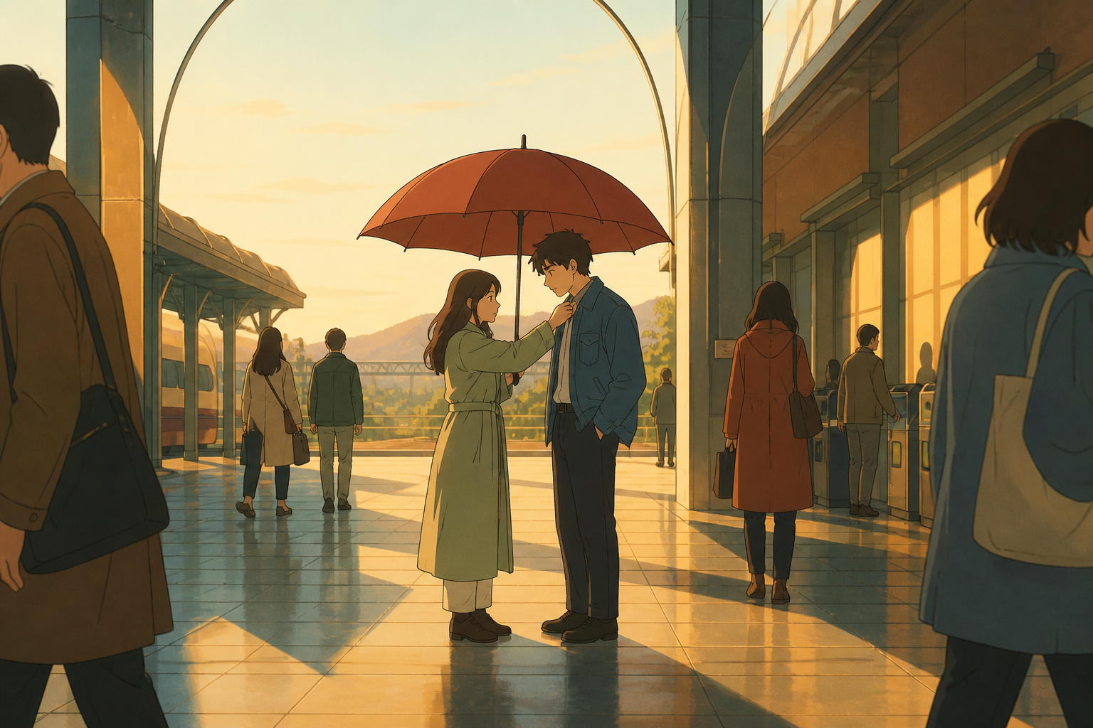 Two adult rivals sharing an umbrella after missing the last train, in a private-feeling moment surrounded by ordinary public life. Observational long shot where one small gesture becomes the focal point. Clay red, sage, 