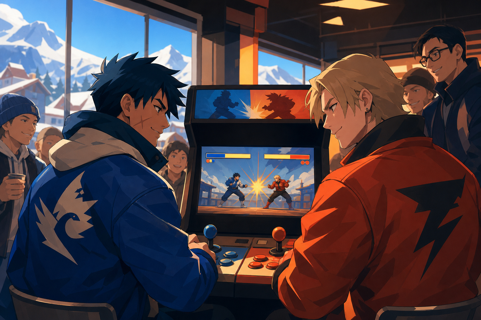 Two rival arcade champions meeting for a friendly rematch after many years, shown through reactions and relationships rather than a view of the rules. Table-level ensemble frame with faces and game equally readable. Coba