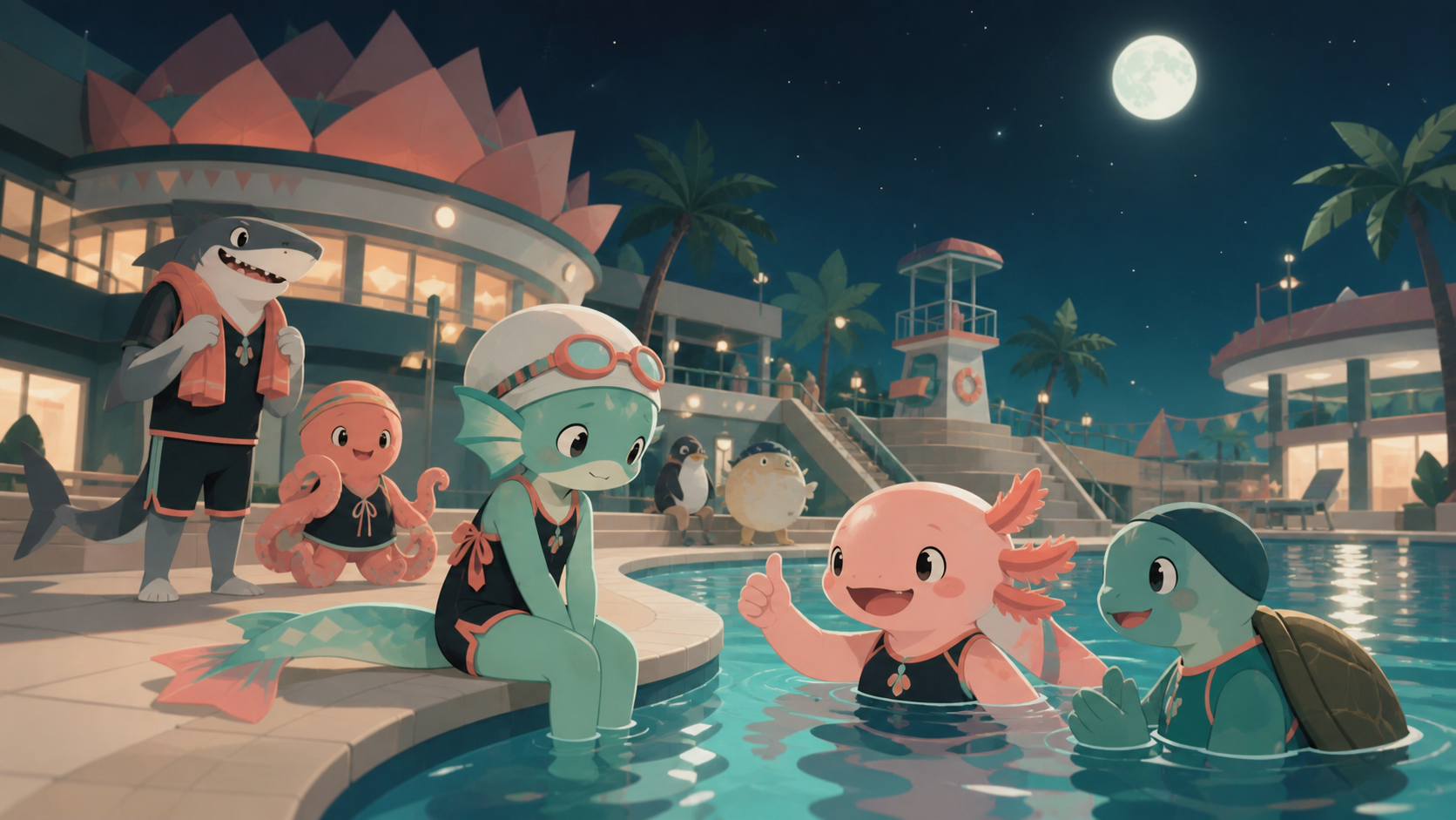A shy sea creature learning to use a public swimming pool, as a minor cultural misunderstanding becomes a friendship. Street-level social frame where architecture reflects its residents. Celadon, coral pink, ink black, a