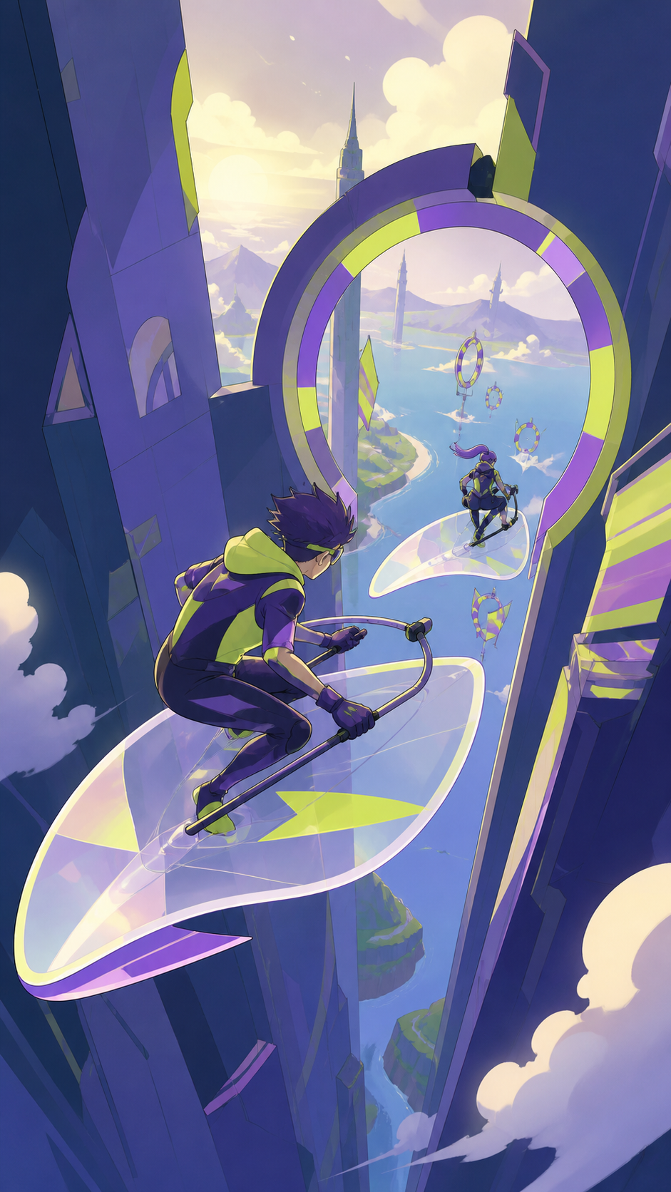 Professional racers steering translucent wind boards around tall towers, during a clean midair pass through a narrow but safe checkpoint. Vertical dive composition emphasizing altitude and route choice. Acid lime, ultrav