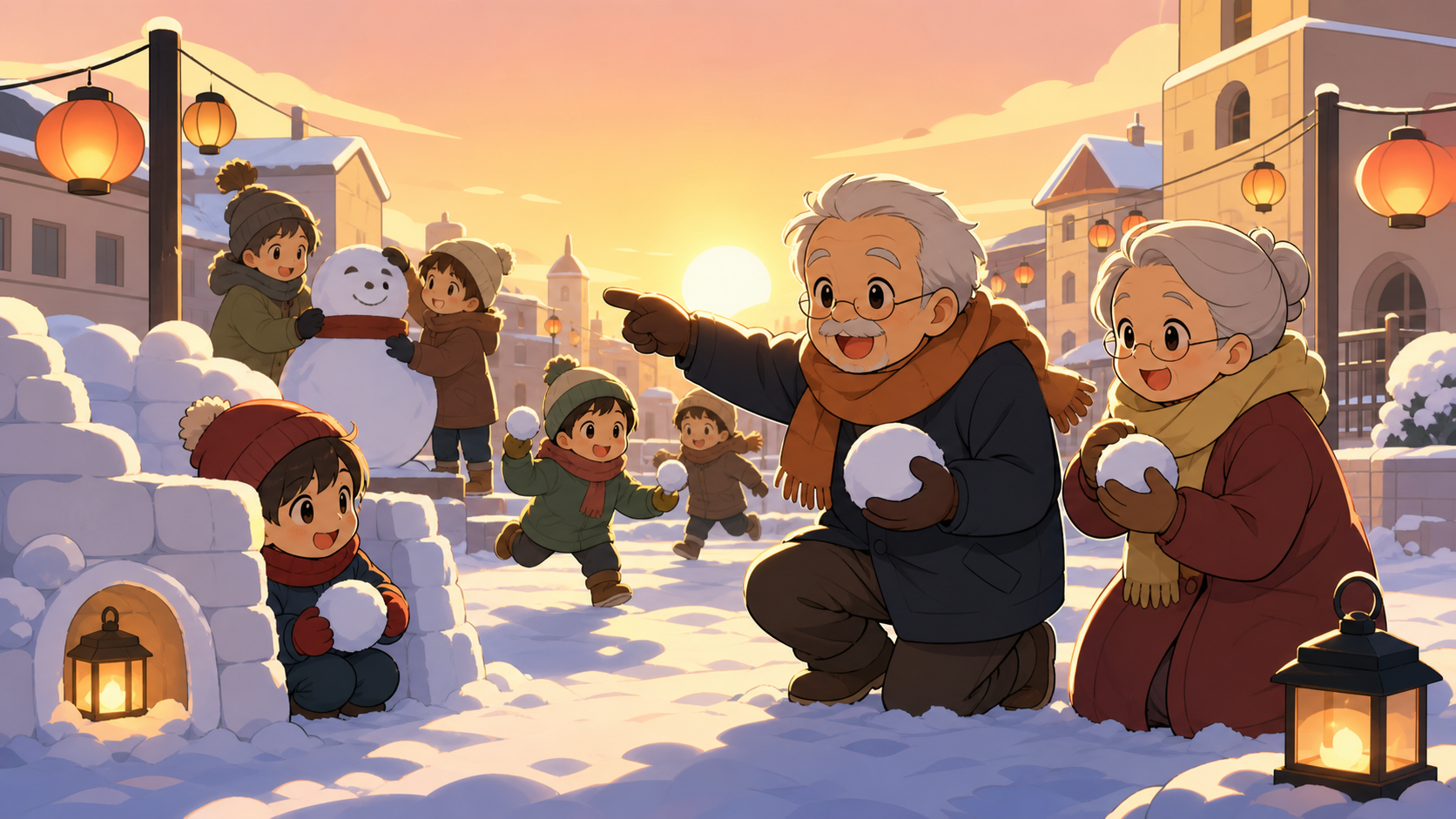 Grandparents leading a playful snowball strategy game, after fresh snowfall simplifies the town into broad clean shapes. Wide town-square ensemble with several connected winter activities. Sun-bleached peach, desert ochr