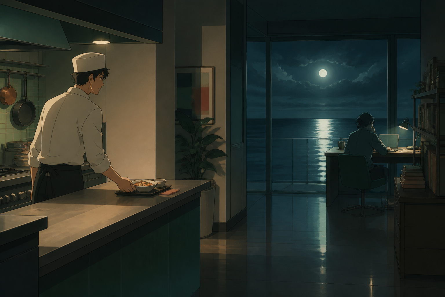 An adult chef leaving a quiet midnight meal for someone working late, captured through a small gesture rather than an exaggerated embrace. Observational long shot where one small gesture becomes the focal point. Sea-glas