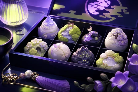 A jewel-like box of seasonal wagashi shaped as miniature fantasy landscapes, lit for a magical late-night café menu without any written text. Intimate close-up with shallow depth a