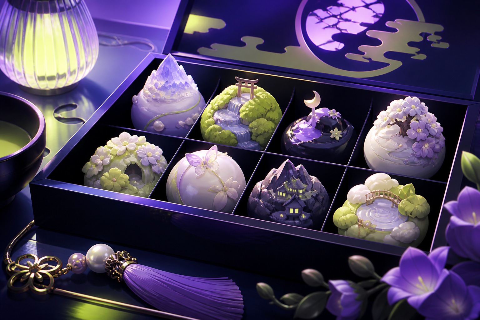 A jewel-like box of seasonal wagashi shaped as miniature fantasy landscapes, lit for a magical late-night café menu without any written text. Intimate close-up with shallow depth and layered foreground details. Acid lime