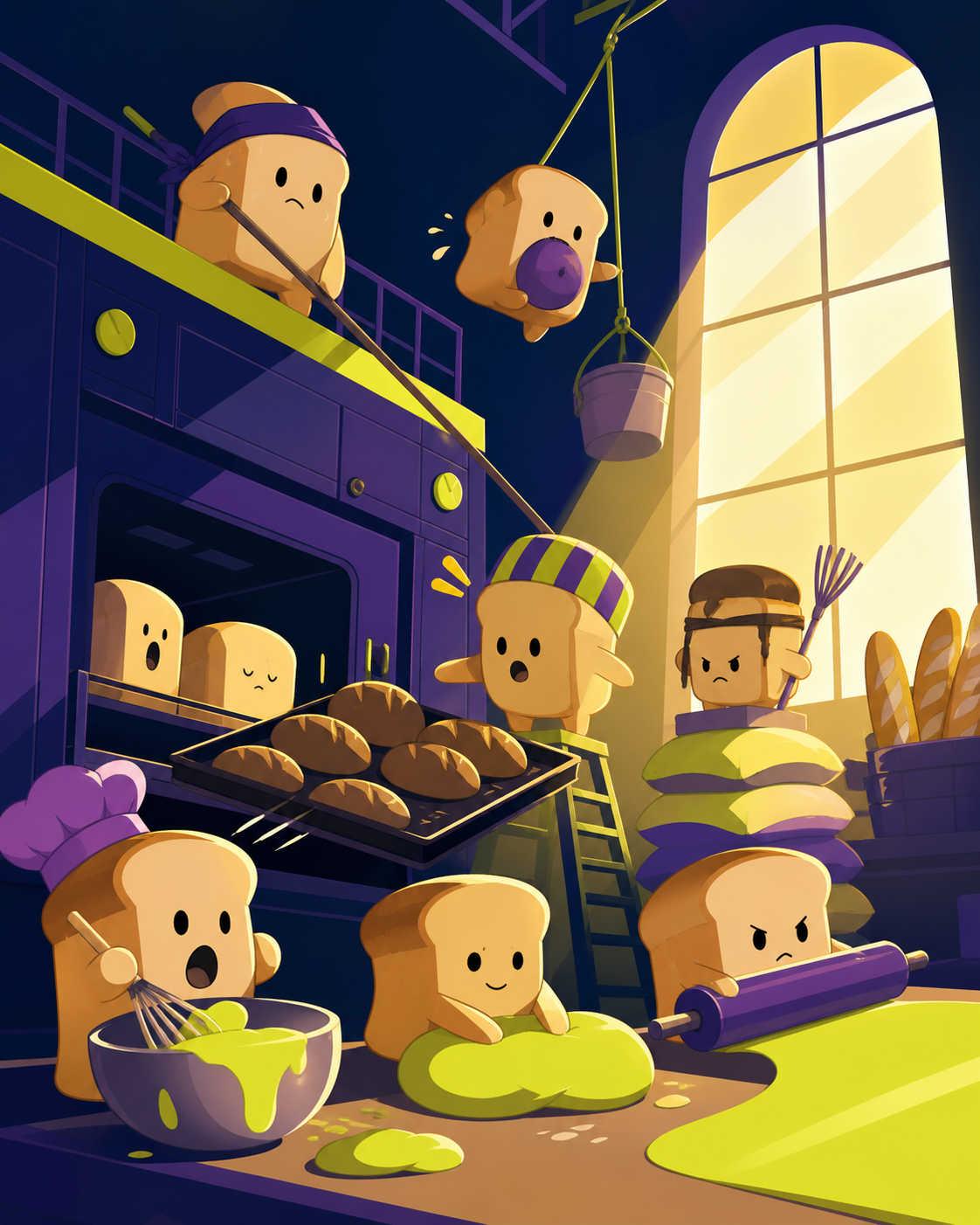 A gang of tiny bread spirits attempting to operate a full-size bakery, working together with tremendous confidence and very little competence. Ensemble comedy tableau with several connected visual jokes. Acid lime, ultra