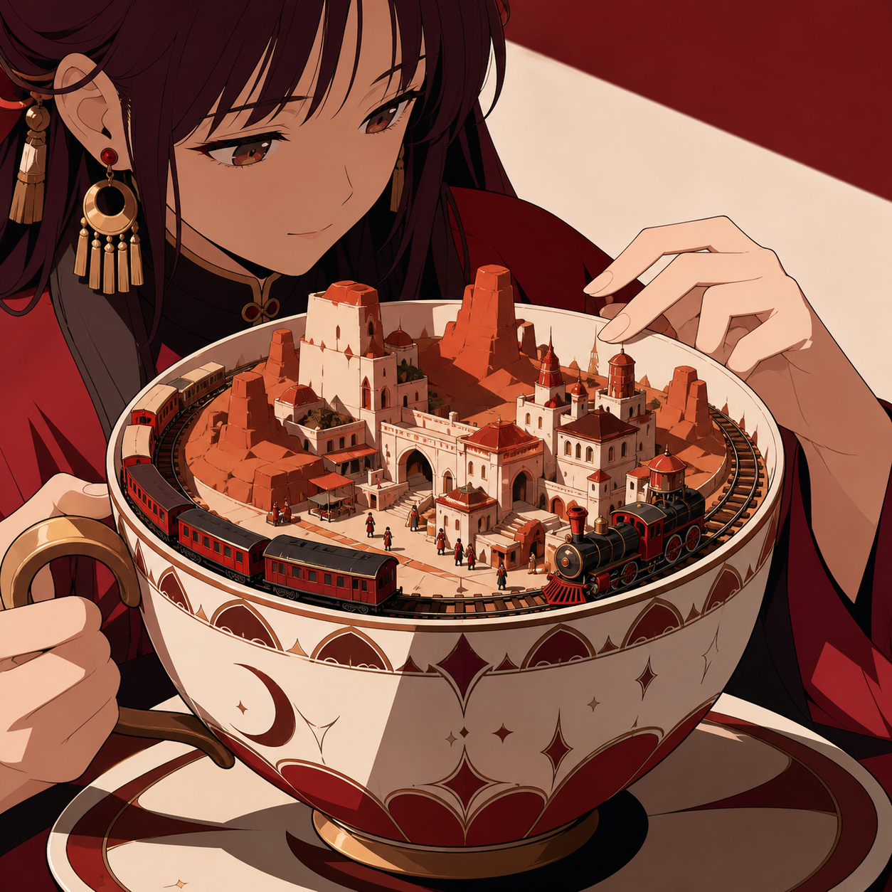 A complete desert railway traveling around the rim of a teacup, with the outer owner and inner inhabitants visible at once. Split-scale composition balancing a human figure and inner civilization. Crimson, black cherry, 