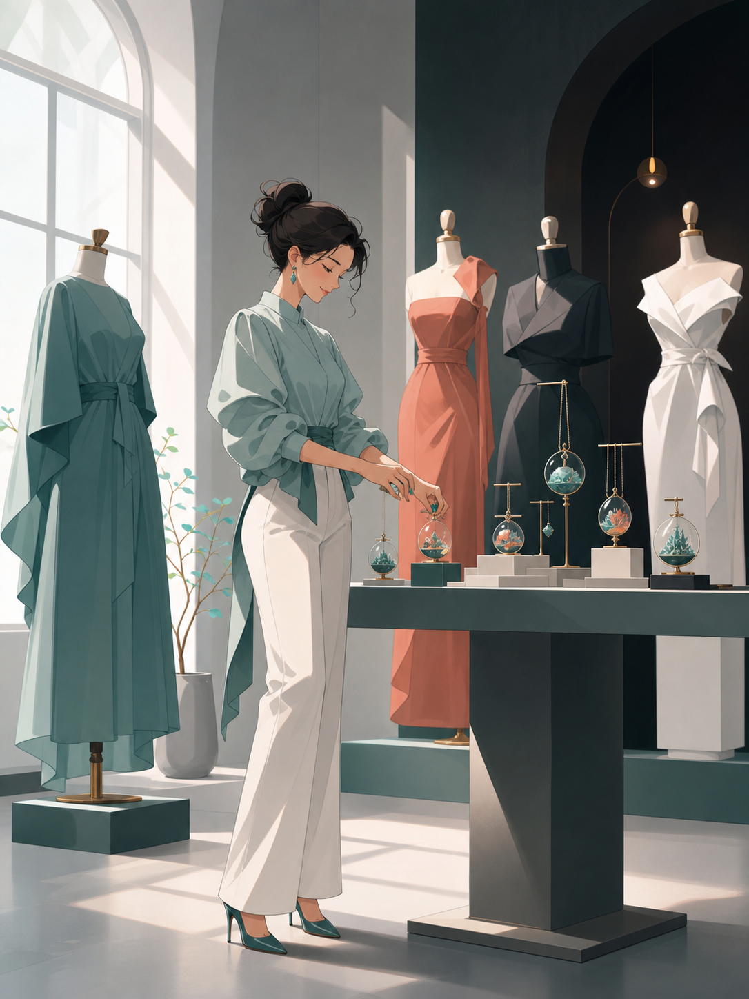 A jeweler arranging wearable miniature worlds for a private viewing, inside a clean studio where every garment has a distinct silhouette. Full-body editorial frame with generous negative space. Sea-glass green, faded cor