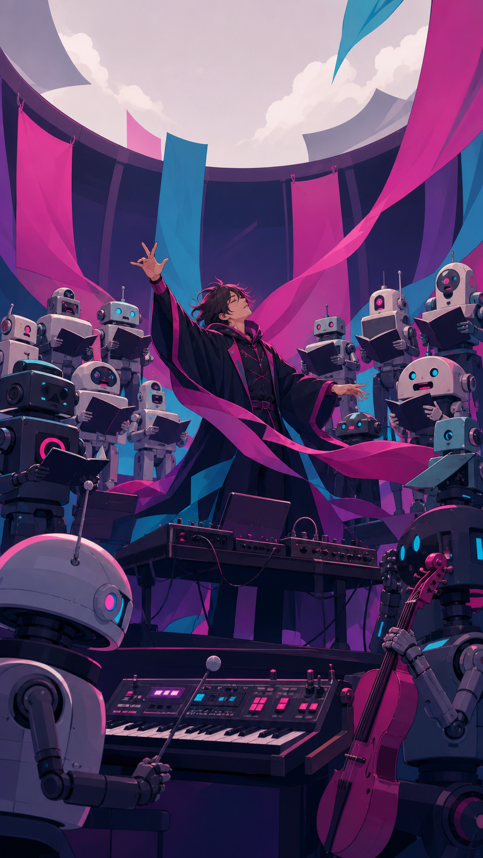 An electronic musician conducting a choir of obsolete household robots, captured at the emotional peak of the performance. Dynamic stage-wide frame with movement radiating from the lead performer. Saturated magenta, elec