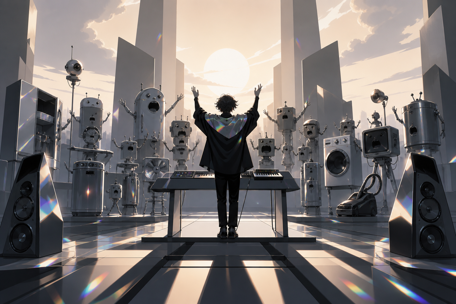 An electronic musician conducting a choir of obsolete household robots, captured at the emotional peak of the performance. Dynamic stage-wide frame with movement radiating from the lead performer. Monochrome graphite wit