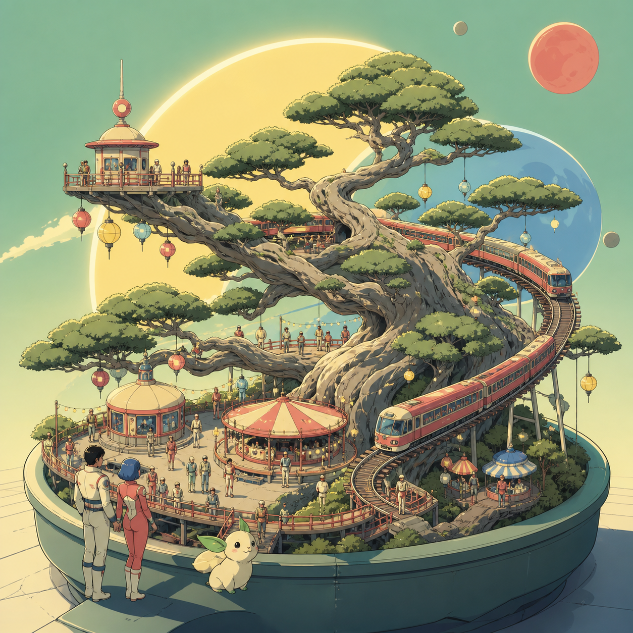 An alpine railway winding through the branches of an ancient bonsai, during a miniature festival full of delicate points of light. Isometric-like miniature vista with multiple readable zones of activity. Soft pistachio, 