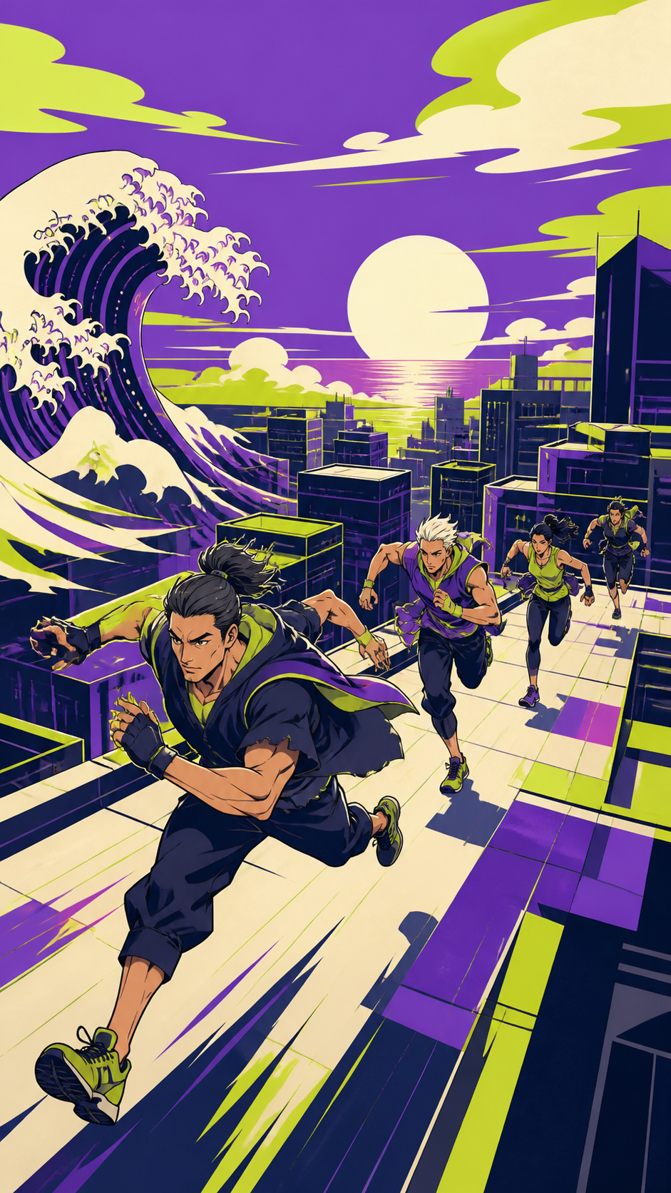 Adult rooftop runners racing across a dense sunset city, during a decisive final stretch with the environment amplifying the speed. Long-lens frame compressing competitors and terrain into layered motion. Acid lime, ultr