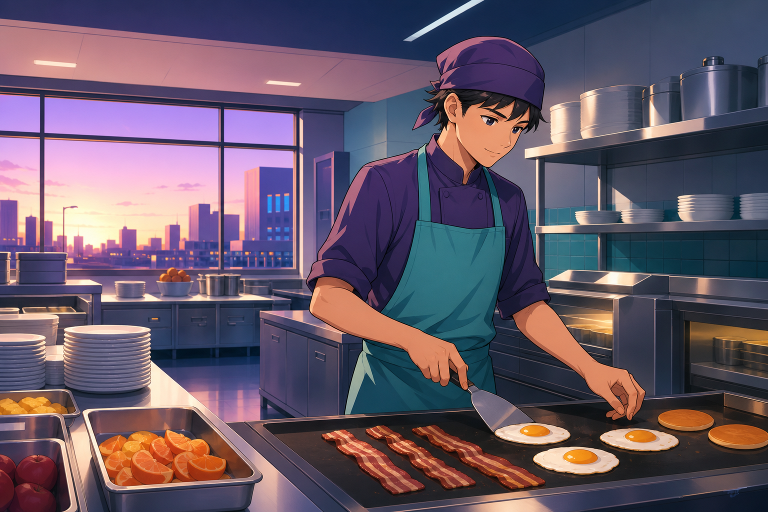 A hospital cafeteria cook preparing breakfast before the first commuters arrive, during the private-feeling hour when public spaces belong to their workers. Wide quiet interior with one worker clearly anchoring the scale
