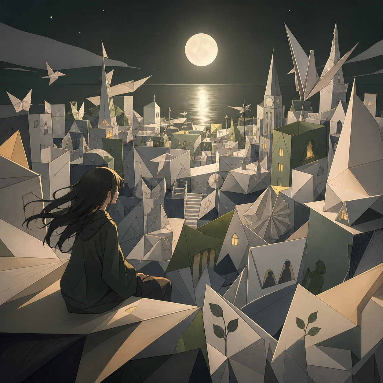 A city assembled entirely from folded memories represented as translucent paper, built from layered symbolic objects that reward close inspection. Carefully staged surreal tableau with a single unmistakable focal point. 