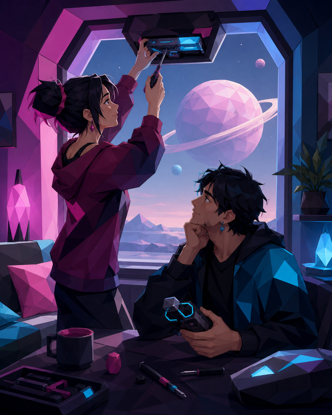 Two roommates repairing a window view that is displaying the wrong planet, while distant space remains a quiet backdrop rather than the main event. Intimate table-level composition anchored by a shared everyday task. Sat