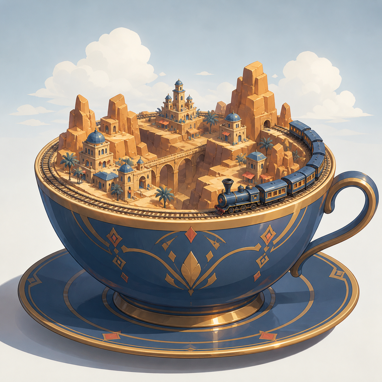 A complete desert railway traveling around the rim of a teacup, with scale contrast serving as the entire visual idea. Macro object view with the miniature world occupying the visual center. Amber, walnut brown, rain blu
