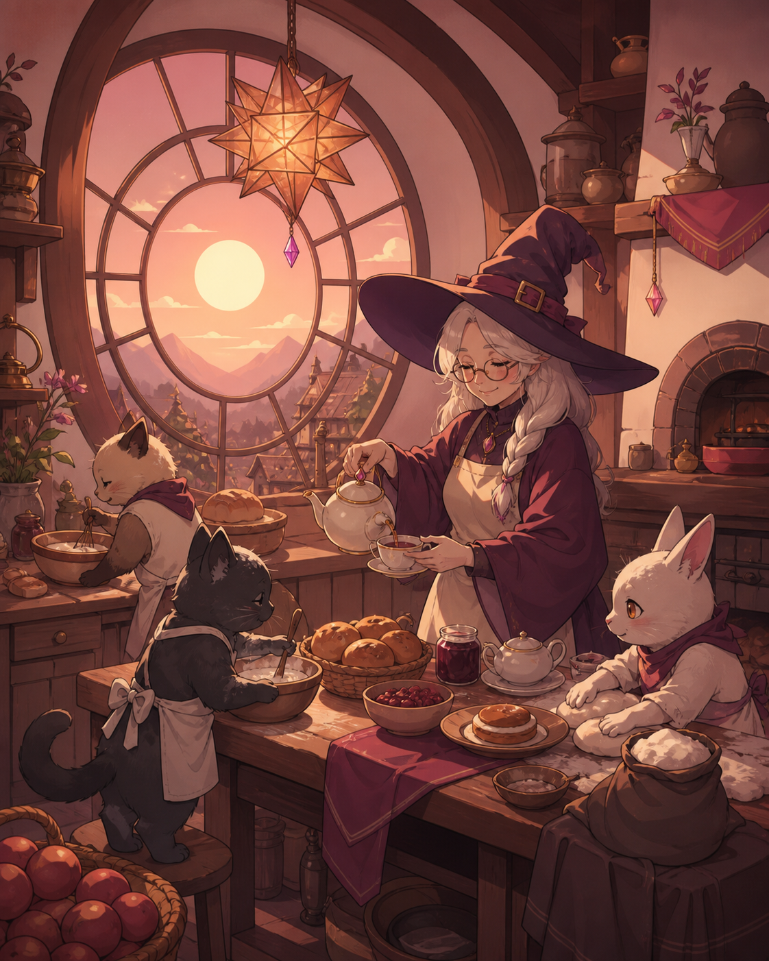 A tiny bakery shared by an elderly witch and several flour-covered familiars, at sunrise while breakfast and tea are being prepared. Inviting room-wide composition with several discoverable details. Muted rose, parchment