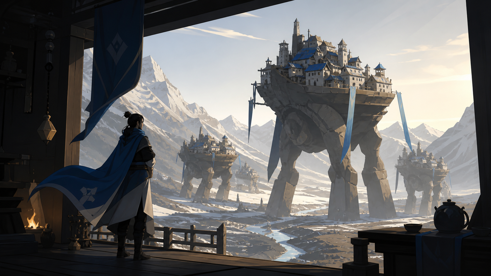 A mountain village suspended beneath migrating stone giants, seen during the first morning after a century-long winter. Wide landscape composition with dramatic foreground framing. Soft monochrome with a single saturated
